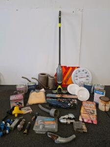 Shark Vacuum, Ryobi Sander, ( both powered on) Acu-Rite Thermometer, Master Hitch Ball, Mixed Tool & Hardware Lot