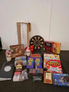 Large Lot Board & Card Games, Poker Chips, Dart Board, Collectible Tins, Gifts &ndash; 15+ Items