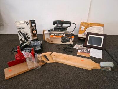 digital picture frame, in original box, wahl hair clippers, Black & Decker 7448 1/3 Sheet Finishing Sander, 120V, 2.0A, 10,000 OPM with Dust Bag( all powered on) ( shelf Q)