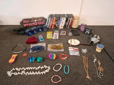 DVD and costume jewelry lot. Variety of jewelry, beauty items, false lashes, home decor and more