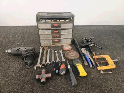 Assorted Tool Lot: BLACK+DECKER 1200 Drill, Stanley Stud Finder, Storage Cabinet, Duralast U-Joint