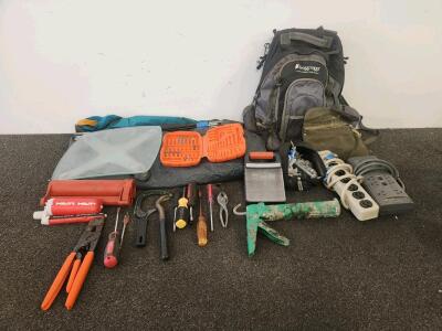 Mixed Lot: Frogg Toggs Backpack, Hilti Caulking Gun, Hand Tools, Tent, Power Strips, Scale