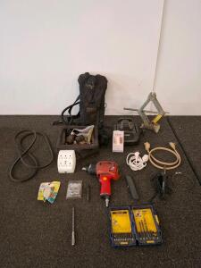 Central Pneumatic Earthquake Impact Wrench, EGO Charger, Camelbak, IRWIN Bits, Mixed Tools Lot. ( shelf A)