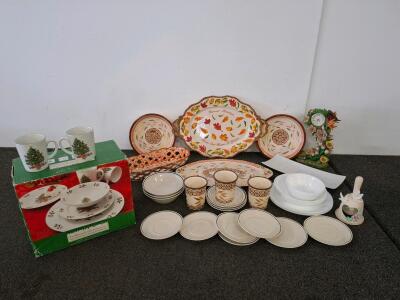 Large Lot Mixed Stoneware Dinnerware: Noel Morning, Harvest, Floral, 23+ Pieces, Serveware