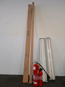 Lithonia 8' Fluorescent Strip Lights, 2 Fixtures, T8/T12 Compatible, 120-277V, Steel Housing, 2 light strips new in boxes. 2 light fixtures used. One powered on, other unable to test. Fire extinguishers.