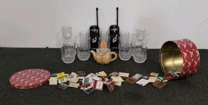 Vintage Collectibles Mixed Lot: Clown Teapot, Glassware, NASCAR Cars, Matchbooks, Tin (shelf Q)