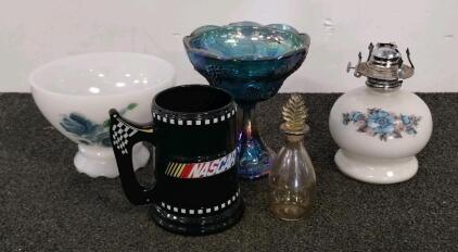 Mixed Lot of Vintage & Collectible Glassware and Ceramics &ndash; NASCAR Stein, Carnival Glass, Oil Lamp, Milk Glass, Vanity Bottle (shelf Q)