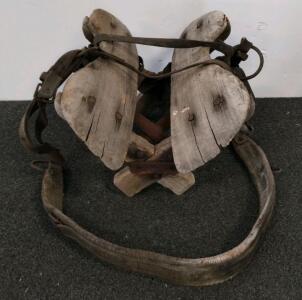 Antique Wooden Sawbuck Pack Saddle with Leather Straps and Metal Fittings