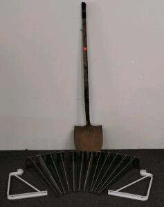 Garden Shovel with 12 Metal Shelf Brackets & 2 White Plastic Hanger Brackets, Steel/Wood/Plastic