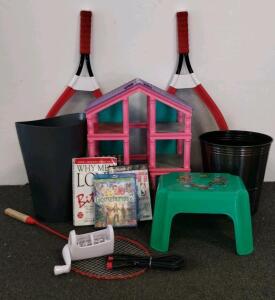 Mixed Lot: PlayStation 2 NBA 2K5, Goosebumps 2 Blu-ray, Book, Dollhouse, Rackets, Accessories