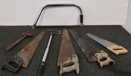 Lot of Vintage Hand Saws, GreatNeck Smooth Cut Saw, Bow Saw, Hammer, and Paint Roller (Shelf C)