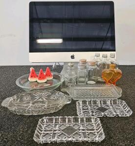 Apple iMac 27-inch All-in-One Desktop (Model A1419, 2012&ndash;2017), Power Cable (tested, works). Crystal trays, vintage glass bottles, watermelon salt and pepper shakers and toothpick holder, glass pie dish and more (d)