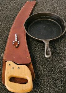 Vintage 8" Cast Iron Skillet, Made in USA, Dual Pour Spouts, Teardrop Handle, Marked D1, Curved Arborist Pruning Saw 22" Blade with Weaver Leather Sheath, Wooden Handle, Made in USA