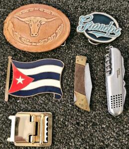 Vintage Lot: Folding Pocket Knife, Building Specialties Multi-Tool, 3 Belt Buckles, Cuban Flag Pin