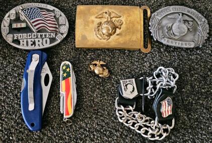 Vintage Belt Buckle & Multi-Tool Lot: Set of 3 Veteran/Marine Belt Buckles, Marine Pin, PowMia Wallet Chain, Patriotic Multi-tool, Blue Pocket Knife