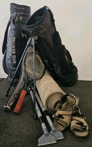 Callaway Golf Cart Bag & TaylorMade Stand Bag, Timberland sandals (6M), 2 tennis rackets With Carpet Mat And Floor Sweepers Bundle