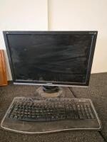 Monitor( powered on),and three keyboards. 7-Piece Stainless Steel Kitchen Utensil Set: 3 Whisks & 4 Measuring Spoons, Picture Frames, And More - 13
