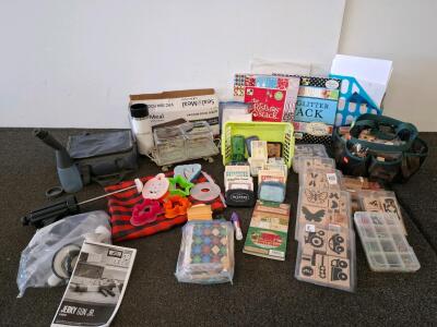Mixed Lot of Kitchen Appliances, Tools & Accessories (Progressive, Seal-a-Meal, ( powered on) Yeti, Weston, More), and rubber stamps and scrapbooking accessories.