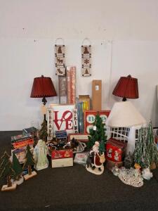 Assorted Vintage Christmas Decorations &ndash; 2 lamps( unable to test) laundry basket, wall decor Plush Moose Dolls, Ceramic Shakers, Tabletop Trees and more ( shelves N and M)
