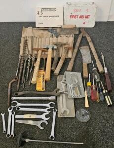 Assorted Hand Tool Lot: Craftsman/Sears Wrenches, Screwdrivers, Hammers, Drill Bits, Sander, First Aid