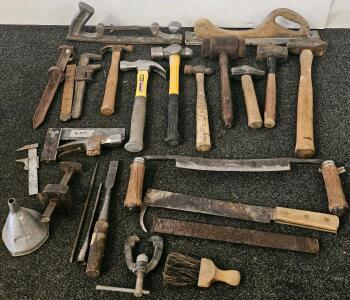 Vintage Hand Tools Lot &ndash; Stanley Hammer, Surform Plane, Drawknives, 23 Mixed Woodworking Tools