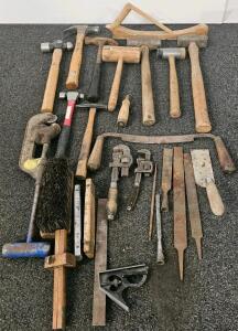 Mixed Lot Vintage Hand Tools &ndash; Hammers, Mallets, Wrenches, Chisels, Rulers, Drawknife, Files