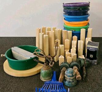 Mixed Lot of Farm, Utility & Industrial Surplus &ndash; Kiln Posts, Buckets, Insulators & More (G)