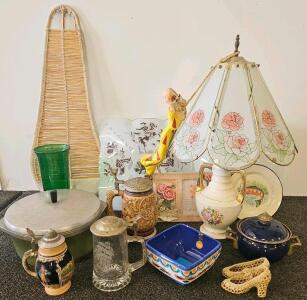 Blue incense pot, lamp, 3 tankards, home decor and more