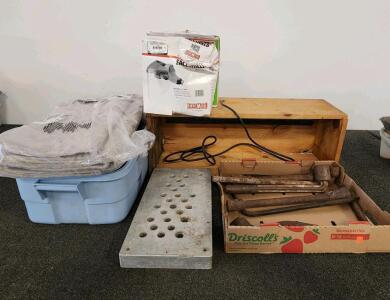 Workshop Electrical Supply Lot: Tools, Power Strips, Cables, Jacks, Fasteners, Light Fixture (Shelf L)