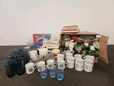 Assorted Household Lot &ndash; Glassware, Mugs, "Cranium" Game, Books, Artificial Flowers