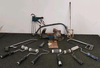 Mixed Lot: 15 Painting & Hand Tools &ndash; 9&rdquo; Rollers, Caulk Gun, Bow Saw, Drill Bits, 5" Machinist Bench Vise with Swivel Base, 8" Jaw Opening, 4.5" Throat Depth, and more