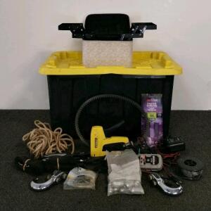 Makeup Lot with Butterfly Train Case &ndash; 20+ Items, Urban Decay, MAC, Maybelline HDX 27-Gallon Storage Tote with NOCO G750 Charger, Stanley Staple Gun, Craftsman Stud Finder, Tools (section A)