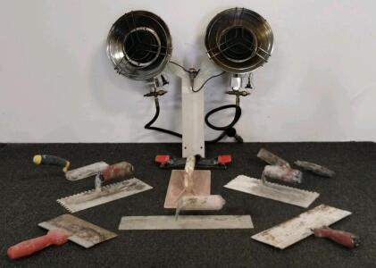 Mixed Lot of 9 Drywall and Tiling Tools &ndash; Includes Trowels, Putty Knives, Grout Float, Sanding Block, Dual-Head Propane Infrared Heater, 30,000 BTU, Tank Top Mount, Regulator & Hoses Included (section A)