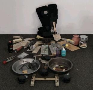 Mixed Lot of 13 Masonry, Drywall, and Plastering Hand Tools&mdash;Trowels, Floats, Putty Knives, Kobalt, DonJoy MaxTrax Air Walker Boot, Medium, Model 13-6400-3-06000, Universal Fit (shelf F)
