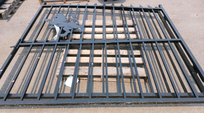 12 ft x 5 ft Ranch Iron Double Swing Gate, Wrought Iron, Black, Decorative Horse Design, 120 lbs