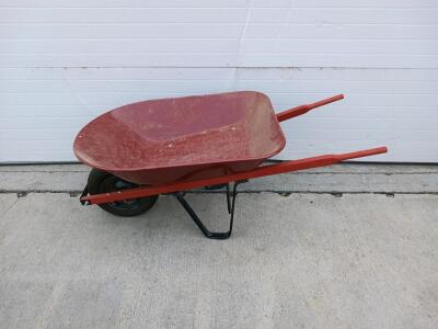 Red Steel Single-Wheel Wheelbarrow, 6 cu ft Capacity, Wood Handles, Pneumatic Tire