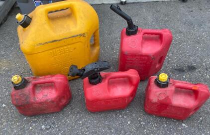 Blitz Plastic Fuel Gas Cans & Diesel Can, 5-Gallon & 2.5-Gallon, Set of 5, Red & Yellow