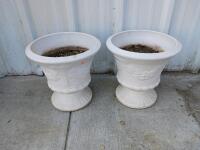 Pair of White Decorative Outdoor Resin Urn Planters, 18" Tall, Classical Motif