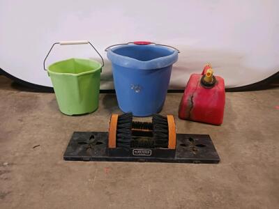 Neat-Feet Boot Scrubber, 3-Gallon Green Bucket, 5-Gallon Blue Bucket, 2-Gallon Red Fuel Can R-6