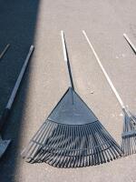 Assorted Garden Tools: 2 Leaf Rakes, Metal Shovel, Hoe & Rake, Wood Handles, 60in Length