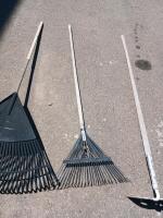 Assorted Garden Tools: 2 Leaf Rakes, Metal Shovel, Hoe & Rake, Wood Handles, 60in Length - 2