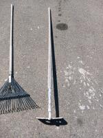 Assorted Garden Tools: 2 Leaf Rakes, Metal Shovel, Hoe & Rake, Wood Handles, 60in Length - 3