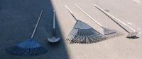 Assorted Garden Tools: 2 Leaf Rakes, Metal Shovel, Hoe & Rake, Wood Handles, 60in Length - 4