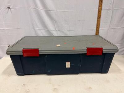 Large Plastic Storage Tote with Hinged Lid and Red Latches, 27-Gallon Capacity Sp-16