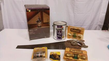 Home Improvement Lot: Kwikset Door Knobs, Olympic Paint, Lantern, Doorstop, Hand Saw