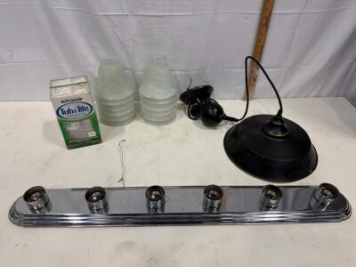 Chrome 5-Light Vanity Bar & Black Pendant Fixture Set with Frosted Glass Shades, E26 Sockets (R-2)