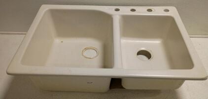 White Composite Double Bowl Drop-In Kitchen Sink, 33" x 22" x 9.5", 4 Faucet Holes ( R3 )