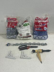 Barwalt PLS Max tile leveling wedges, Plum bob, 37in length of chain with brinks padlock(key included), cast iron shelf Brackets, Barwalt PLS Max 1/8 inch heavy-duty tile spacer base system,250-piece bag of T-Lock&trade; Tile Leveling Clips,Crescent Wiss 11 in.
