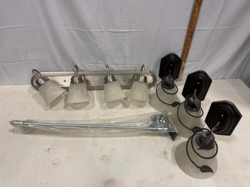 Brushed Nickel 4-Light Vanity Fixture, 2 Wall Sconces, and 24" Towel Bar Set, Marble Glass Shades (R1)
