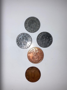 (4) German WW2 Nazi Third Reich Coins with Signia (1) Post 1949 German Coin